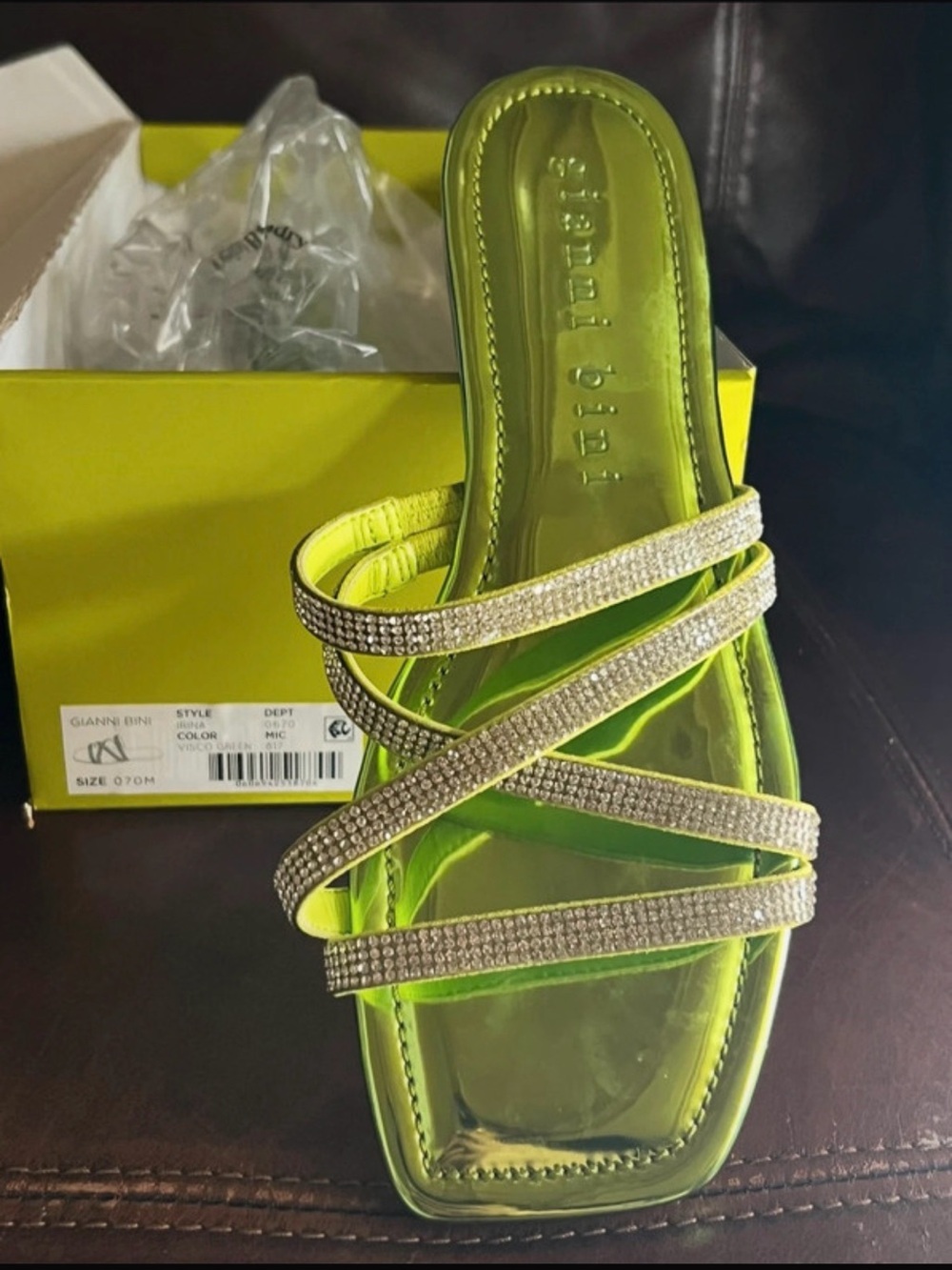 Gianni Bini Neon Green Rhinestone Strappy Slide Sandal